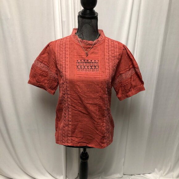 Universal Thread Boho Top Womens Size Medium Rust Pink Lace Cotton Blouse NEW - Picture 1 of 7